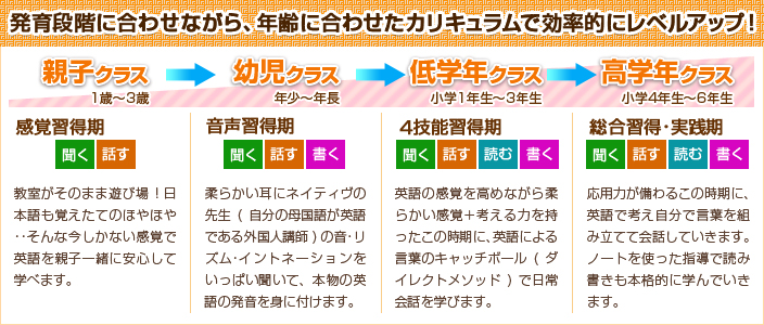 発達段階に合わせながら、年齢に合わせたカリキュラムで効率的にレベルアップ！